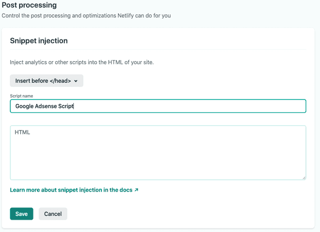 adsense snippet inection in netlify