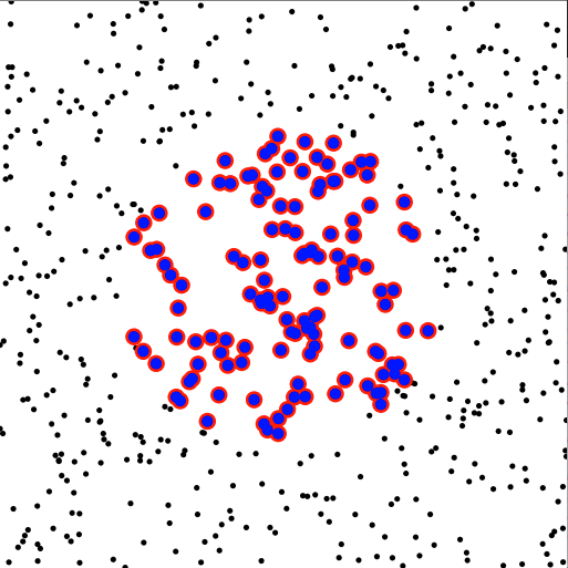 An image of dots on a white background. The center has blue dots with a red border