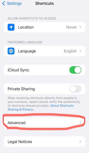 Shortcuts settings options with Advanced options circled in red